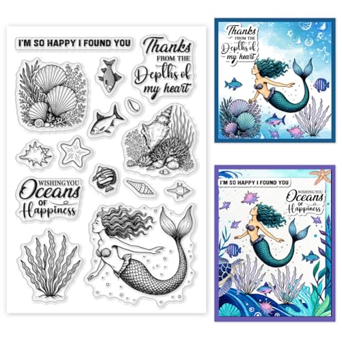 GOMAKERER 1 Bogen Meereselemente Clear Stamp Ozean Meerjungfrau Gummi Klarstempel Transparente Silikonstempel Siegel Für DIY Scrapbooking Kartenherstellung Dekoration, 160x110mm von GOMAKERER