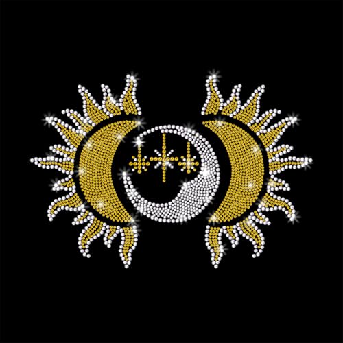 GOMAKERER 1 x Hotfix-Applikation zum Aufbügeln, Motiv: Sonne mit Mond, Glitzersteine, Reparatur-Applikation, Wärmeübertragung, Aufkleber für T-Shirt, Kleidung, Hosen, Taschen von GOMAKERER