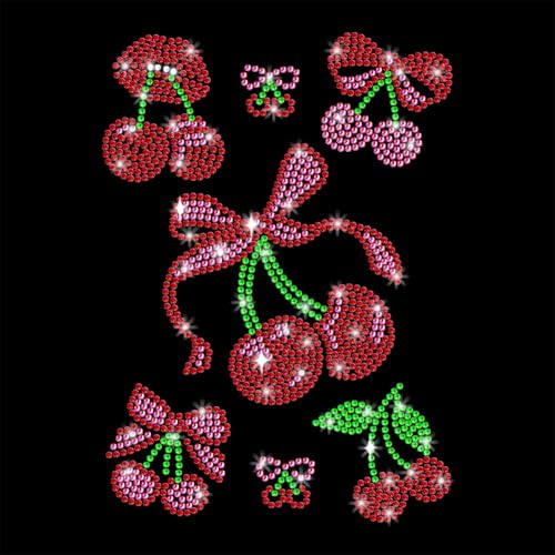 GOMAKERER 1 x Kirsche mit Schleifen-Motiv, Strass, Hotfix, glitzernd, Kristall, Reparaturapplikation, Wärmeübertragungsaufkleber, Wärmeübertragung, Flicken für T-Shirt, Kleidung, Hosen, Taschen von GOMAKERER