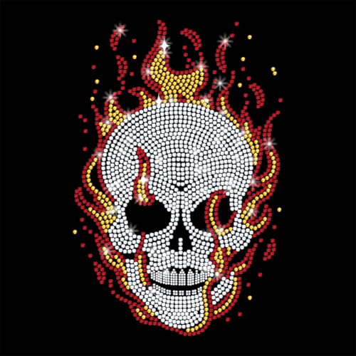 GOMAKERER 1 x Totenkopf mit Flammenmuster, Strass, Hotfix, glitzernde Kristalle, Reparaturapplikation, Wärmeübertragungsaufkleber, Wärmeübertragung, Patch für T-Shirt, Kleidung, Hosen, Taschen von GOMAKERER