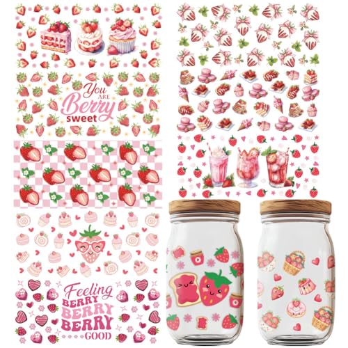 GOMAKERER 10 Blatt Erdbeer UV DTF Cup Wraps, Erdbeerkuchen Aufkleber Zum Aufreiben Obst Stil Wasserfeste Transferaufkleber Cartoon Aufkleber Zum Aufreiben Für Glasbecher Holzhandwerk von GOMAKERER