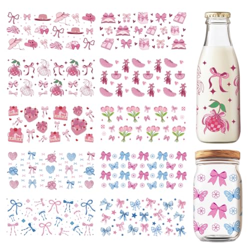 GOMAKERER 10 Blatt Kokette UV DTF Cup Wraps, Rosa Blaue Schleifen Zum Aufreiben Aufkleber Discokugel Blumenkuchen Wasserfest Tassen Transfer Dekoration Für Selbstgemachte Flaschen Getränke von GOMAKERER
