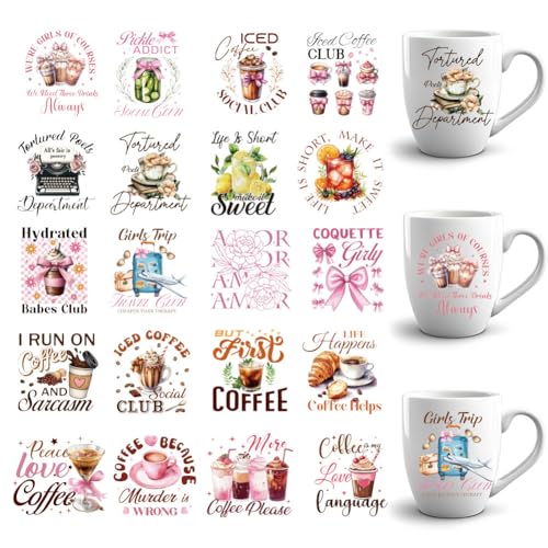 GOMAKERER 10 Blatt Schleife Kaffee UV DTF Cup Wraps, Kaffeetasse Dessert Rub On Transfer Aufkleber Wasserfeste Transferaufkleber Cartoon Rub On Aufkleber Für Glasbecher Holzhandwerk von GOMAKERER