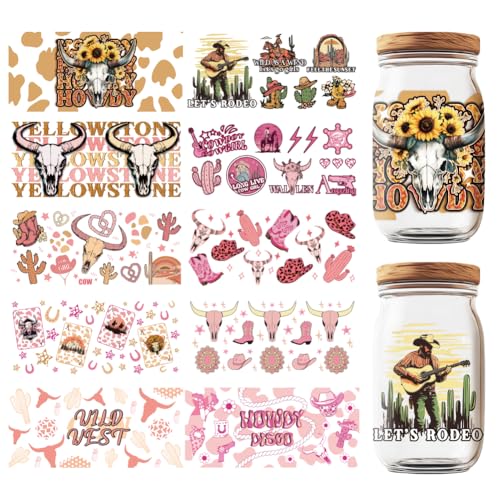 GOMAKERER 10 Blatt UV DTF Becherfolien Für 16 OZ Glasbecher Cowboy Cowgirl Rub On Decals Howdy Word Cup Wasserfest Transfer Dekoration Für DIY Flaschen Getränke Marmelade Kuchen Behälter von GOMAKERER