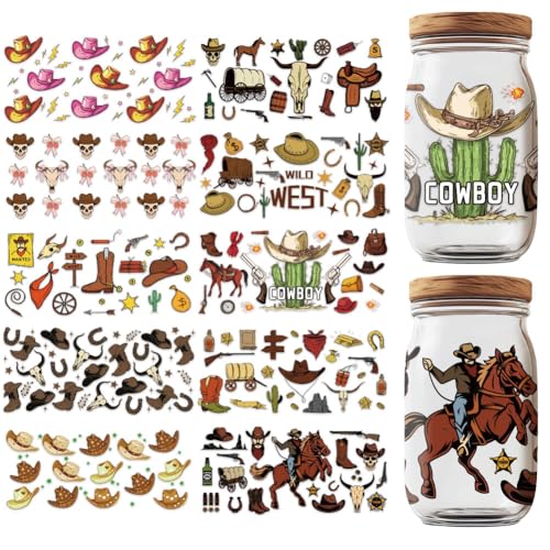 GOMAKERER 10 Blatt UV DTF Becherfolien Für 16 OZ Glasbecher Western Cowboy Rub On Decals Wasserfeste Transferaufkleber Für DIY Flaschen Getränke Marmelade Kuchen Behälter von GOMAKERER