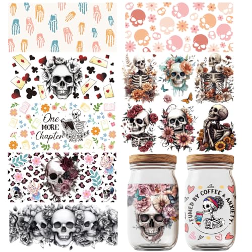 GOMAKERER 10 Blatt UV DTF Cup Wrap Transferaufkleber Horror Thema Abziehbilder Zum Aufreiben Totenkopf Blume Wasserdicht Tassen Transfer Dekoration Für DIY Flaschen Getränke Marmelade Kuchenbehälter von GOMAKERER