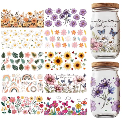 GOMAKERER 10 Blatt UV DTF Cup Wrap Transferaufkleber Wildblumen Aufkleber Zum Aufreiben Regenbogenblätter PVC Wasserdicht Transferdekoration Für Tassen DIY Flaschen Getränke Marmelade Kuchenbehälter von GOMAKERER