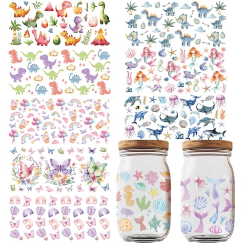 GOMAKERER 10 Blatt UV DTF Cup Wraps, Niedliche Dinosaurier Meerjungfrau Aufkleber Zum Aufreiben Wasserfeste Transferaufkleber Cartoon Aufkleber Zum Aufreiben Für Glasbecher Holzhandwerk von GOMAKERER