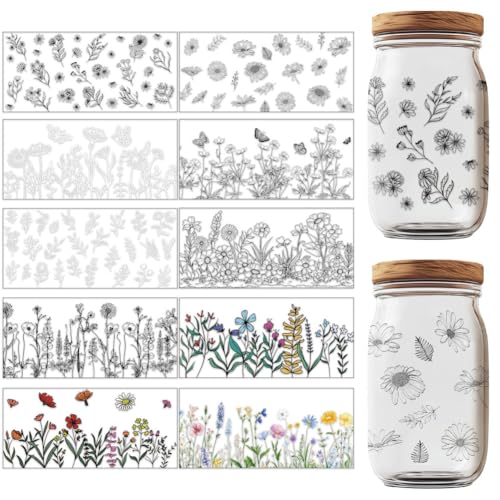GOMAKERER 10 Blatt UV DTF Cup Wraps 10 Stile Blumendruck UV DTF Cup Wrap Transferaufkleber Wasserdichte Transferaufkleber Für Glasbecher Holzhandwerk von GOMAKERER