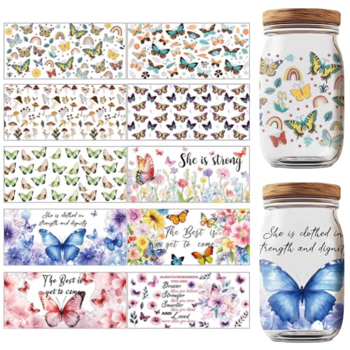 GOMAKERER 10 Blatt UV DTF Cup Wraps 10 Stile Cartoon Abziehbilder Frühling Schmetterling Blume Wasserfest Transferaufkleber Für Glas Tassen Holz Handwerk von GOMAKERER