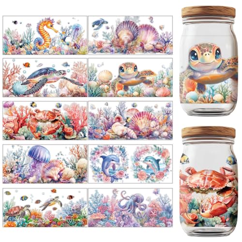 GOMAKERER 10 Blatt UV DTF Cup Wraps 10 Stile Ozean Thema Aufkleber Cartoon Rubbelbilder Wasserfest Transferaufkleber Für Glas Tassen Holz Handwerk von GOMAKERER