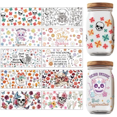 GOMAKERER 10 Blatt UV DTF Cup Wraps 10 Stile Skelettblume Bedruckte UV DTF Cup Wrap Transferaufkleber Wasserdichte Transferaufkleber Für Glasbecher Holzhandwerk von GOMAKERER