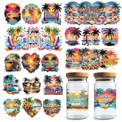 GOMAKERER 10 Blatt UV DTF Cup Wraps 10 Stile Sommer Strand Aufkleber Cartoon Aufkleber Zum Aufreiben Wasserdichte Transferaufkleber Für Glasbecher Holzhandwerk von GOMAKERER