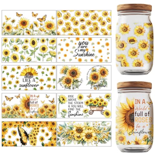 GOMAKERER 10 Blatt UV DTF Cup Wraps 10 Stile Sonnenblumen Bedruckte UV DTF Cup Wrap Transferaufkleber Wasserdichte Transferaufkleber Für Glasbecher Holzhandwerk von GOMAKERER