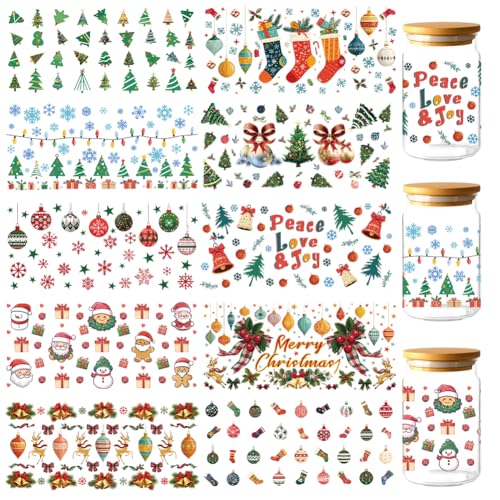 GOMAKERER 10 Blatt Weihnachts UV DTF Becherfolien, Weihnachts Kronleuchter Elchglocken Transfer Aufkleber Aus PVC Wasserdicht Für Tassen DIY Flaschen Getränke Marmelade Kuchenbehälter von GOMAKERER