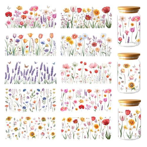 GOMAKERER 10 Stück Blumen UV DTF Cup Wraps, Wildblumen Schmetterling UV DTF Aufkleber Wasserfest Transferaufkleber Aufkleber Für Wasserflaschen Glasbecher Holz Basteln von GOMAKERER