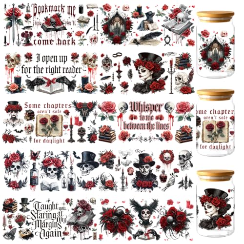 GOMAKERER 10 Stück Gothic UV DTF Cup Wrap Blumenschädel UV DTF Cup Wraps Sticker Personalisierbare Wasserfeste Transferaufkleber Aufkleber Für Wasserflaschen Glasbecher Holzhandwerk 9.5x4.3 Zoll von GOMAKERER
