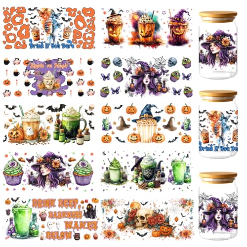 GOMAKERER 10 Stück Halloween UV DTF Cup Wraps, 10 Stile Herbst Halloween Themen UV DTF Aufkleber Wasserfest Transferaufkleber Aufkleber Für Wasserflaschen Glasbecher Holzhandwerk von GOMAKERER