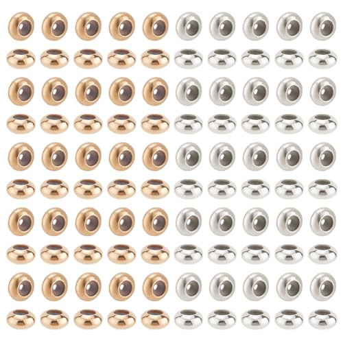 GOMAKERER 100 Stück Messing Stopperperlen 2 Farbe, 7x4mm Rondell Abstandsperlen Mit Gummi Innen Schiebeperlen Positionierungs Abstandsperlen Zur Schmuckherstellung (Roségold Und Silber) von GOMAKERER