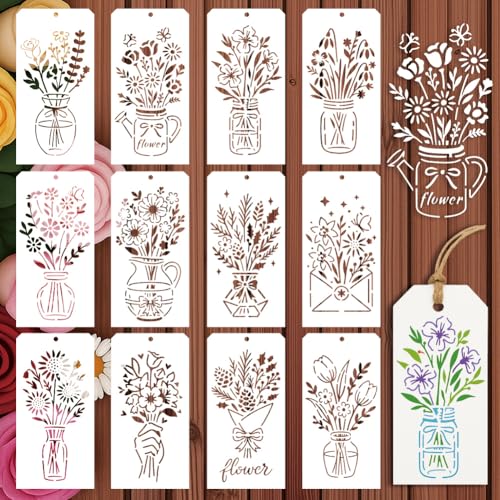 GOMAKERER 12 Blatt Malschablonen Für Vasen Blumensträuße, 12 Stile Rosen Sonnenblumen Tulpen Zeichenvorlagen Wildblumen Wiederverwendbare PET Kunstschablonen Zum Malen Auf Wand Holz Heimdekoration GOMAKERER 12 Blatt Malschablonen Für Vasen Blumensträuße, 12 Stile Rosen Sonnenblumen Tulpen Zeichenvorlagen Wildblumen Wiederverwendbare PET Kunstschablonen Zum Malen Auf Wand Holz Heimdekoration von GOMAKERER