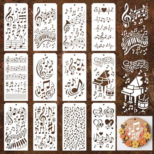 GOMAKERER 12 Blatt Musiknoten-Schablonen zum Malen, 12 Stile, wiederverwendbar, musikalische Designs, Zeichenvorlagen, Kunststoff, Kunst, PET-Vorlagen zum Malen auf Wand, Holz, Heimdekoration von GOMAKERER