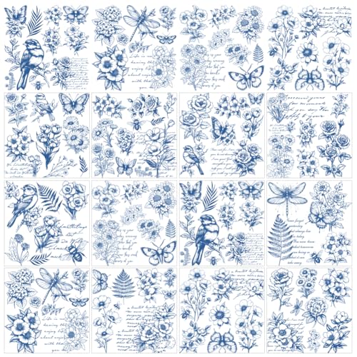 GOMAKERER 12 Blatt Rub-On-Transfer-Aufkleber Mit Blauen Blumen Vögeln Zum Basteln 12 Stil Retro Blau Blumen Schmetterling Wärmeübertragung Filme Transfer Möbel Aufkleber Für Kunst Handwerk Aufkleber von GOMAKERER