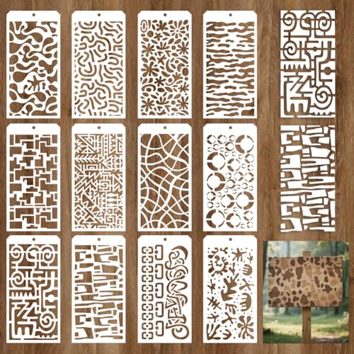 GOMAKERER 12 Blatt abstrakte Textur-Malschablonen, 12 Stile, geometrische Ziegelstein-Damast-Textur, Schichtvorlagen, wiederverwendbare Bordürenschablone zum Malen auf Wand, Holz, Heimdekoration GOMAKERER 12 Blatt abstrakte Textur-Malschablonen, 12 Stile, geometrische Ziegelstein-Damast-Textur, Schichtvorlagen, wiederverwendbare Bordürenschablone zum Malen auf Wand, Holz, Heimdekoration von GOMAKERER