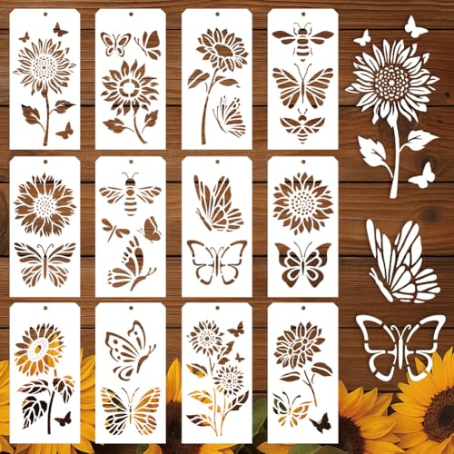 GOMAKERER 12 Stück Dekorative Malvorlagen, 12 Stile Sonnenblumen Schmetterlings Malschablonen Wiederverwendbare Kunst Zeichenvorlagen Zum Malen Auf Wand Holz Heimdekor von GOMAKERER