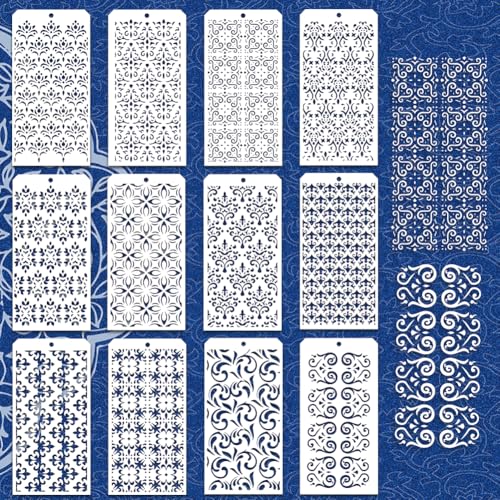 GOMAKERER 12 Stück Dekorative Malvorlagen 12 Stil Blumen Und Geometrische Malschablonen Wiederverwendbare Randschablone Blumenschablonen Zum Malen Auf Fliesen Wänden Und Böden Scrapbooking Dekor von GOMAKERER