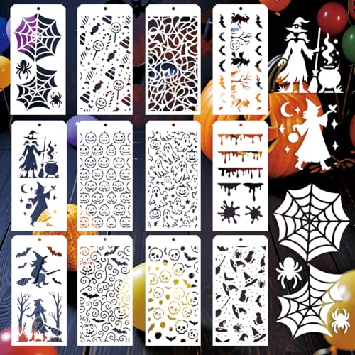 GOMAKERER 12 Stück Halloween Malschablonen, 12 Stile, Hexengeist, Textur, Zeichenvorlagen, wiederverwendbare Bordürenschablone zum Malen auf Holz, Wand, Boden, Scrapbooking, Urlaub, DIY-Ornamente GOMAKERER 12 Stück Halloween Malschablonen, 12 Stile, Hexengeist, Textur, Zeichenvorlagen, wiederverwendbare Bordürenschablone zum Malen auf Holz, Wand, Boden, Scrapbooking, Urlaub, DIY-Ornamente von GOMAKERER