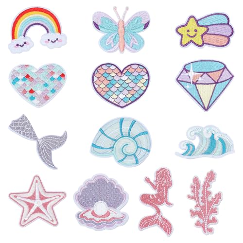 GOMAKERER 12 Stück Meerjungfrau Aufnäher zum Aufbügeln, niedlicher Regenbogen-Stern, Herz, Diamant-Aufnäher zum Aufnähen, Reparaturflicken für Hüte, Schuhe, Kleidung, Rucksäcke von GOMAKERER