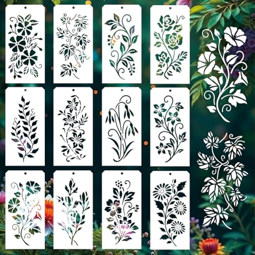 GOMAKERER 12 Stück Wildblumen Schablonen Zum Malen, 12 Stile Pflanzen Reben Blumenblatt Malschablonen Wiederverwendbare Kunst Zeichenvorlagen Zum Malen Auf Wand Holz Wohnkultur von GOMAKERER