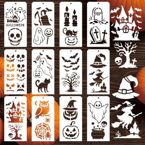 GOMAKERER 12 x Halloween-Malschablonen, 12 Stile, Kürbis-, Fledermaus-, Geist-Zeichenschablonen, wiederverwendbare Randschablone zum Malen auf Holz, Wand, Boden, Scrapbooking, Urlaub, DIY-Ornamente von GOMAKERER