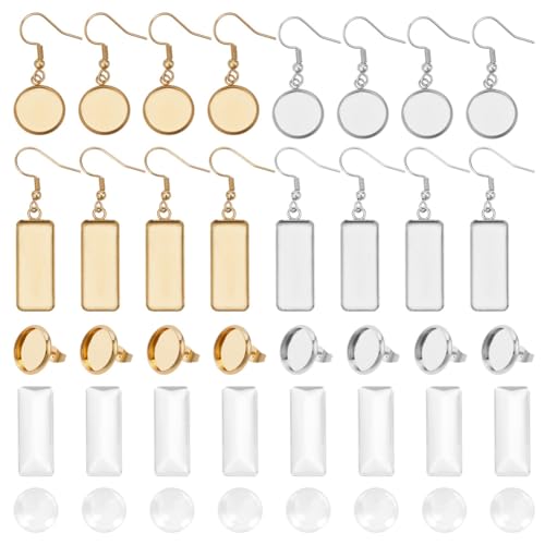 GOMAKERER 120 Stück 4 Stile Edelstahl-Ohrring-Einfassungen-Haken, Rechteckige Und Runde Fassungen Für Baumelnde Ohrringe Mit Glascabochons, Rohlinge Für Ohrringfassungen Für DIY-Anfänger von GOMAKERER
