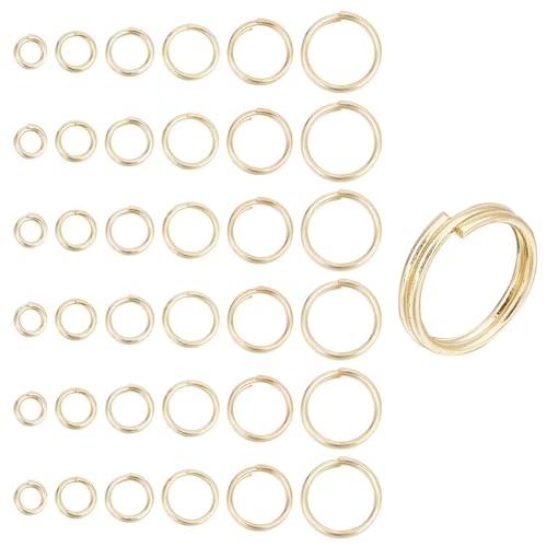 GOMAKERER 120 Stück Messing-Spaltringe, 6 Größen Echte 14K Vergoldete Doppelschlaufenringe, 4/5/6/7/8/10mm Kleine Schlüsselanhänger-Reifen Zum Basteln von Armbändern Und Zur Schmuckherstellung von GOMAKERER