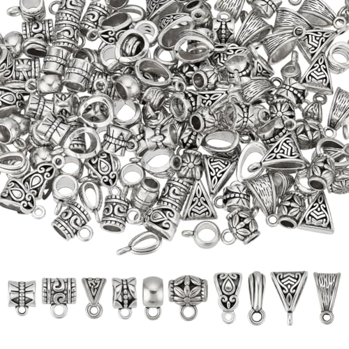 GOMAKERER 150 Stück 10 Stile Legierung Bail Beads Charms, gebogene Bügelrohrperlen, tibetisches Silber, Verbindungsglieder, Abstandshalter mit Schlaufenaufhänger, Abstandshalter, lose Perlen zum von GOMAKERER
