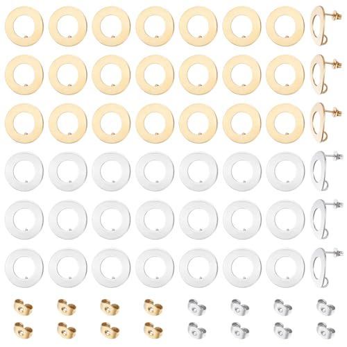 GOMAKERER 16 Paar Edelstahl-Ohrringpfosten mit Schlaufe, Gold und Silber, flache runde Ohrstecker mit Ohrring-Verschlüssen für Schmuckherstellung von GOMAKERER