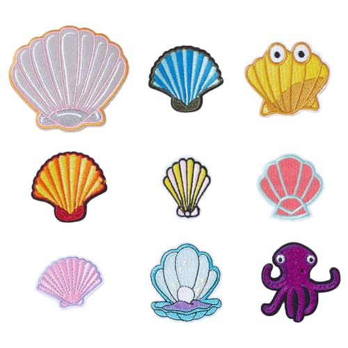 GOMAKERER 18 Stück 9 Stile Muschel-Oktopus-Aufnäher, Filz-Applikationen Mit Ozean-Thema Dekorative Kleidungs-Patches Zum Aufbügeln Mode-Stickerei-Patch Für Kleidung, Handtasche von GOMAKERER