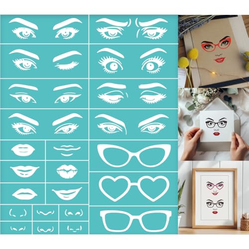 GOMAKERER 2 Blatt Siebdruckschablone Mit Gesichtszügen von Figuren Augen Nase Brille Schablonen Vorlagen Wiederverwendbar Selbstklebend Siebdruck Für Wandbordüren Holz Stoff Heim Basteln Dekor von GOMAKERER
