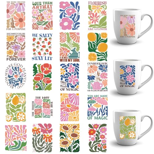 GOMAKERER 20 Blatt UV DTF Cup Wrap Transferaufkleber Für 16 Oz Glasbecher, 4x5.5cm Blumendruck Zum Aufbügeln Boho Thema Cartoon Wasserfest Zum Aufbügeln Für Tassen Tassen Möbel DIY Bastelarbeiten von GOMAKERER