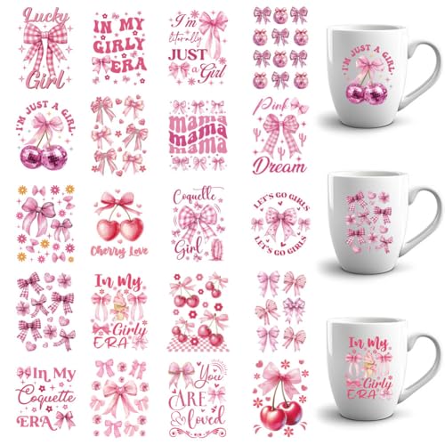 GOMAKERER 20 Blatt UV DTF Cup Wrap Transferaufkleber Für 16 Oz Glasbecher, 4x5.5cm Rosa Schleifendruck Rub On Wraps Süßer Kirsch Cartoon Wasserfest Zum Aufbügeln Für Tassen Möbel DIY Bastelarbeiten von GOMAKERER