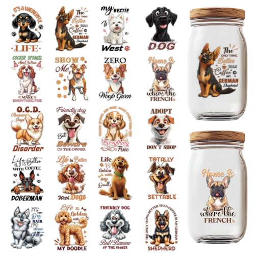 GOMAKERER 20 Blatt UV DTF Cup Wrap Transferaufkleber Für 16 Oz Glasbecher, 4x5.5cm Süßer Hundedruck Zum Aufbügeln Schöne Welpen Cartoon Aufkleber Wasserfest Für Tassen Möbel DIY Bastelarbeiten von GOMAKERER