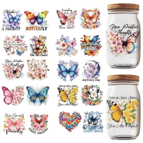 GOMAKERER 20 Stil UV DTF Cup Wraps, 10 Blatt Schmetterlingsaufkleber Aquarellblumen Zum Aufreiben Wasserdichte Transferaufkleber Für 16 Unzen Glasbecher Holzhandwerk GOMAKERER 20 Stil UV DTF Cup Wraps, 10 Blatt Schmetterlingsaufkleber Aquarellblumen Zum Aufreiben Wasserdichte Transferaufkleber Für 16 Unzen Glasbecher Holzhandwerk von GOMAKERER
