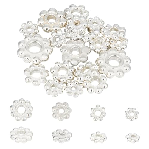 GOMAKERER 20 Stück 4 Größen 925 Sterlingsilber-Blumen-Rondelle-Perlen, 4/5/6/7mm Blumenperlen Spacer Lose Perlen Granulierte Perlen Gemischte Größe Perlen Bulk Für Halskette Armband Schmuckherstellung von GOMAKERER