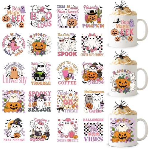 GOMAKERER 20 Stück Halloween UV DTF Cup Wraps Niedlicher Geist UV DTF Rub On Transfer Sticker PVC Wasserfest Transfer Sticker Aufkleber Für 16OZ Glasbecher Wasserflasche DIY Basteln von GOMAKERER