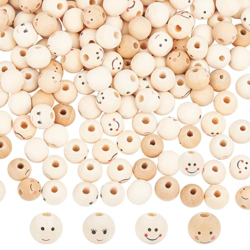 GOMAKERER 200 Stück Holzperlen Mit Lächelndem Gesicht In 4 Stilen, 11.5~12x10.5~11mm Niedliche Perlen Gesicht Runde Kugelperlen Lose Abstandsperlen Glatte Perlen Für Die Herstellung von Halsketten von GOMAKERER