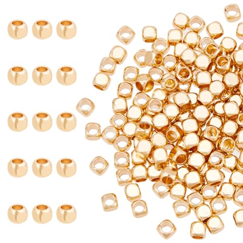 GOMAKERER 200 Stück Quadratische Perlen, Vergoldete Abstandsperlen Goldene Würfelperle Lose Messingperlen Abgerundete Quadratische Perlen, 3mm Perle Mit Großem Loch Für Armbändern, Halsketten von GOMAKERER