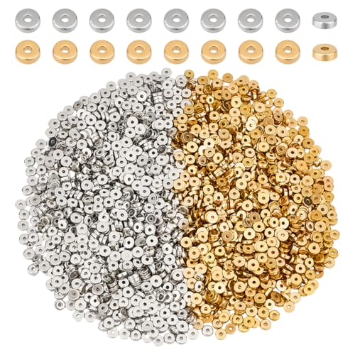 GOMAKERER 2000 Stück 2 Farben 5mm Flache Runde Abstandsperlen Silberne Goldene Scheibenperlen Echte 14 Karat Vergoldete Metallperle Für DIY Armbänder Halsketten Schmuckherstellung Bastelzubehör von GOMAKERER
