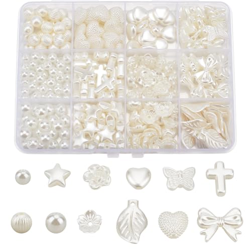 GOMAKERER 291 Stück ABS Imitationsperlen Süße Weiße Acrylperlen Kunstperlen Herz Stern Kreuz Schleife Blumenform Perlen Sets Gemischte Auswahl Für Die Schmuckherstellung Armbänder Halsketten Ohrringe von GOMAKERER