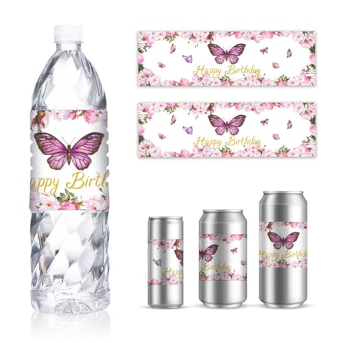 GOMAKERER 30 Blatt Wasserflaschenetiketten Mit Rosa Schmetterlingen Aufkleber Mit Blumenmotiv Happy Birthday Für Wasserflaschen Personalisierte Etiketten Für Trinkwasserflaschen Dekoration 216x64mm GOMAKERER 30 Blatt Wasserflaschenetiketten Mit Rosa Schmetterlingen Aufkleber Mit Blumenmotiv Happy Birthday Für Wasserflaschen Personalisierte Etiketten Für Trinkwasserflaschen Dekoration 216x64mm von GOMAKERER